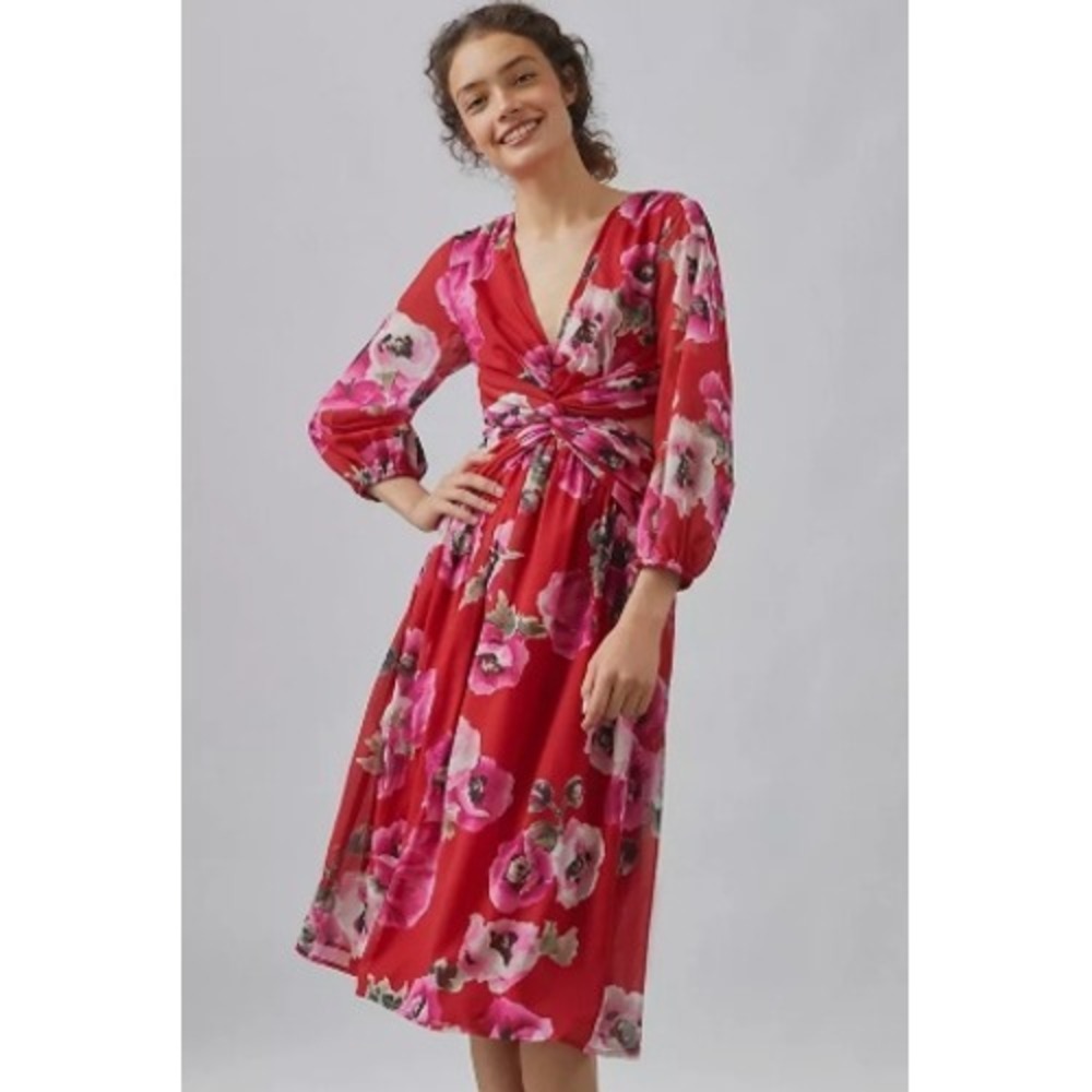 Ranna Gill Floral Cut-Out Twist Front Midi Dress Red Pink Boho Romantic Size 8
